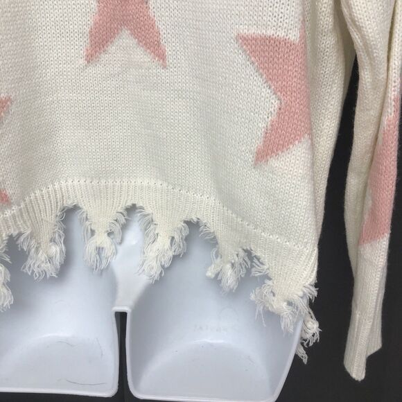 Sweet & Sinful Womens Large Cream Frayed Design Pink Stars Sweater L - Picture 13 of 16